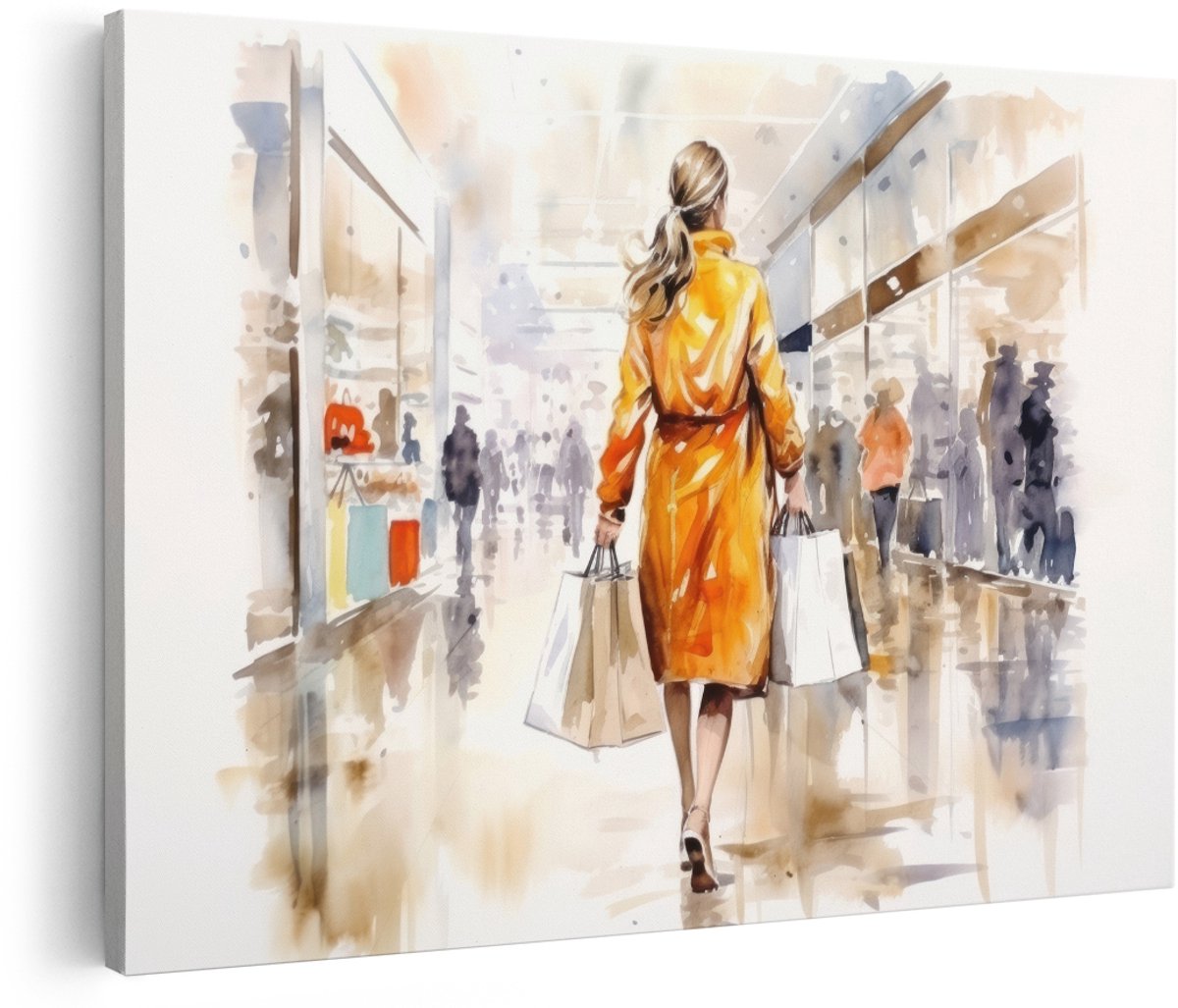 Artaza Canvas Schilderij Vrouw - 180x120 cm - Groot - Wanddecoratie Modern - Muurdecoratie Shoppen - Decoratie Aquarel Herfst - Oranje