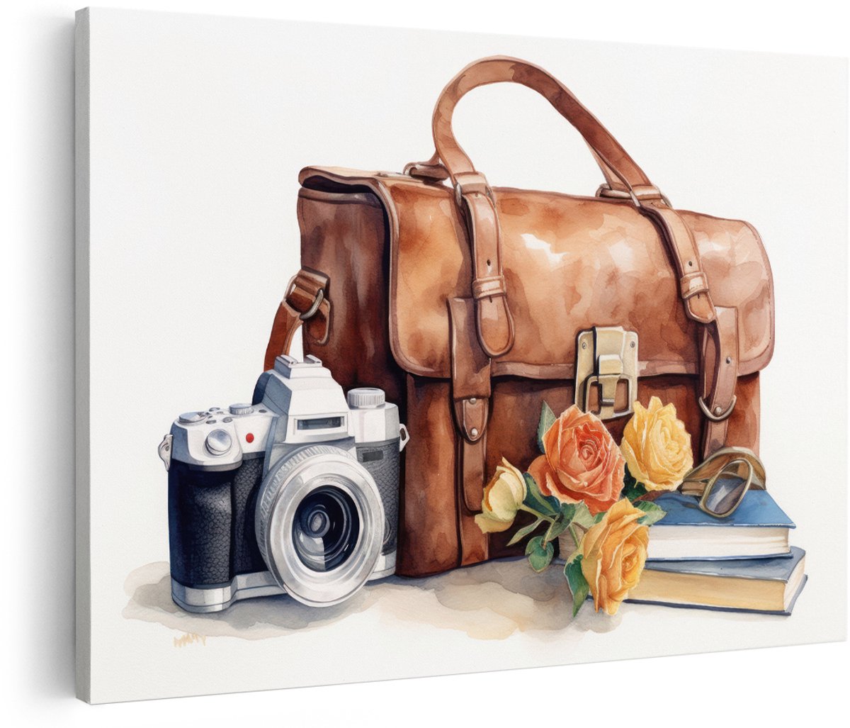 Artaza Canvas Schilderij Stilleven - 180x120 cm - Groot - Wanddecoratie Vintage Camera - Muurdecoratie Rozen - Decoratie Leren Tas Aquarel