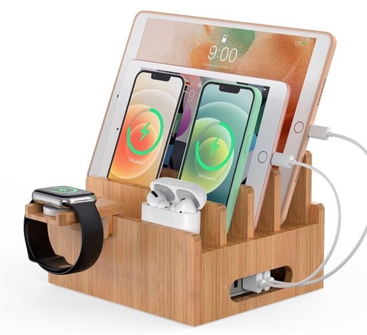 Bamboe Laadstation Organizer voor Meerdere Telefoons, Tablet, Smartwatch en Oordopjes