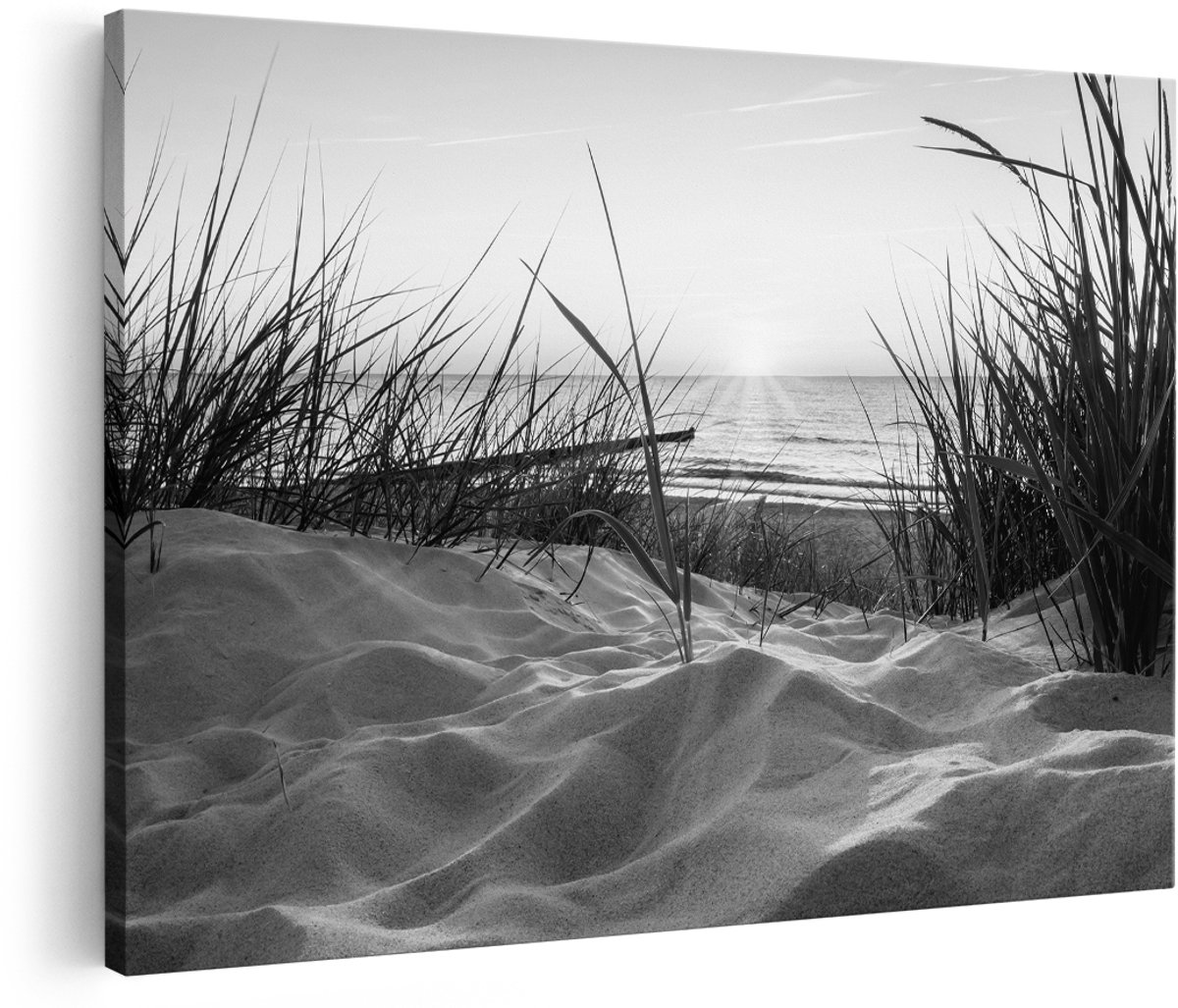 Artaza Canvas Schilderij Duinen met Strand en Zee - Zwart Wit - 180x120 cm - Groot - Wanddecoratie Woonkamer - Schilderijen - Muurdecoratie