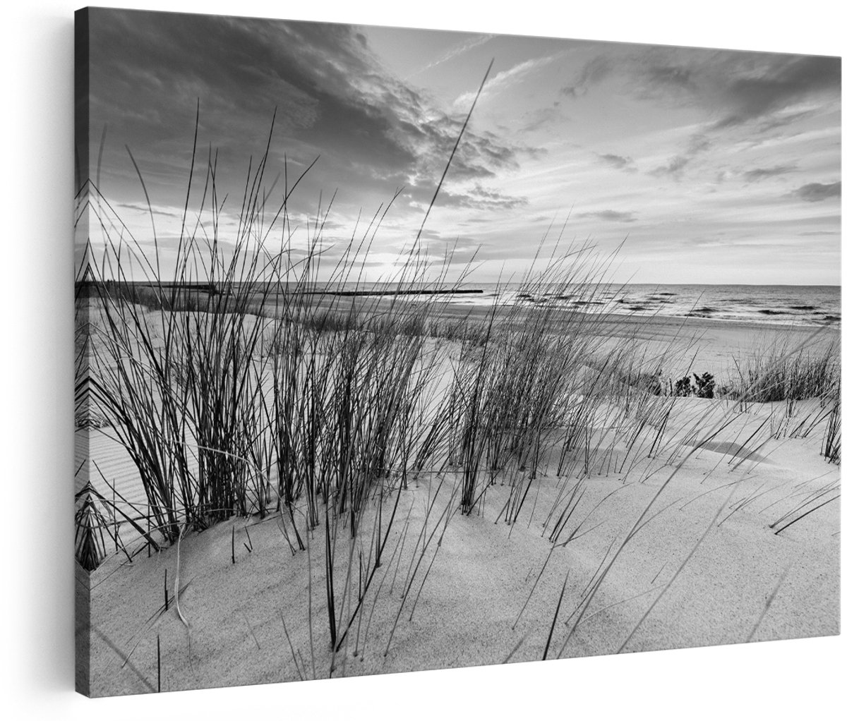 Artaza Canvas Schilderij Strand en Zee vanuit Duinen - Zwart Wit - 180x120 cm - Groot - Foto Op Canvas - Wanddecoratie Woonkamer