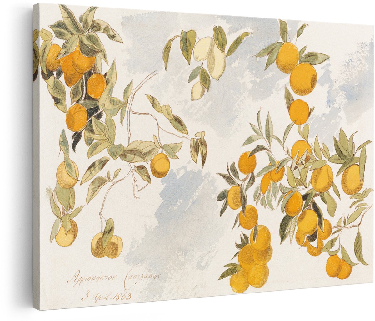 Artaza Canvas Schilderij Sinaasappelboom - 180x120 cm - Groot - Wanddecoratie Fruit - Muurdecoratie Botanisch - Decoratie Vintage Aquarel