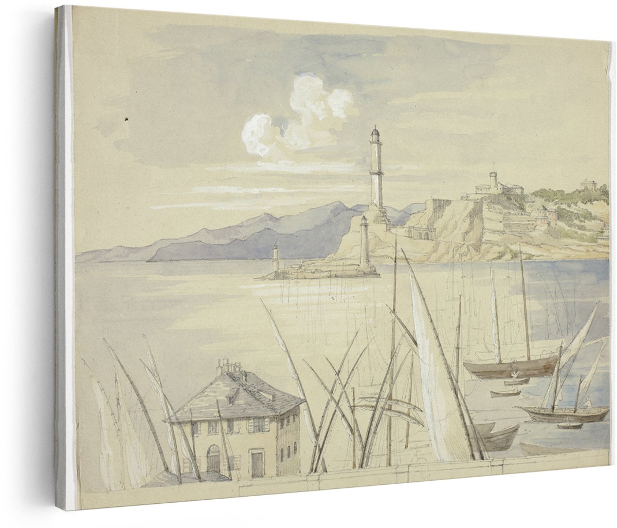 Artaza Canvas Schilderij Haven Met Vuurtoren - 180x120 cm - Groot - Wanddecoratie Vintage Landschap - Muurdecoratie Kust - Schilderijen Op Canvas Aquarel