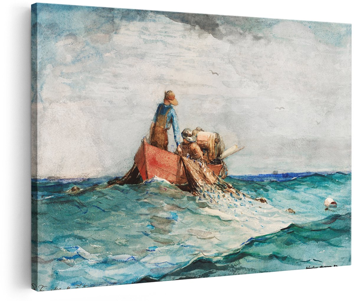 Artaza Canvas Schilderij Zee - 180x120 cm - Groot - Wanddecoratie Vissers Boot - Muurdecoratie Winslow Homer - Decoratie Landschap