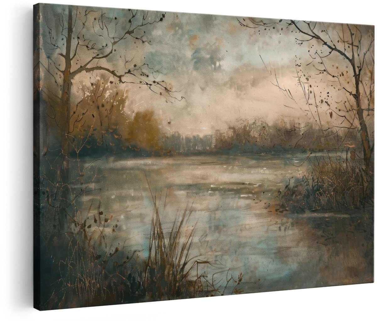 Artaza Canvas Schilderij Landschap - 180x120 cm - Groot - Wanddecoratie Mistig Meer - Muurdecoratie Natuur - Decoratie Aquarel Bomen