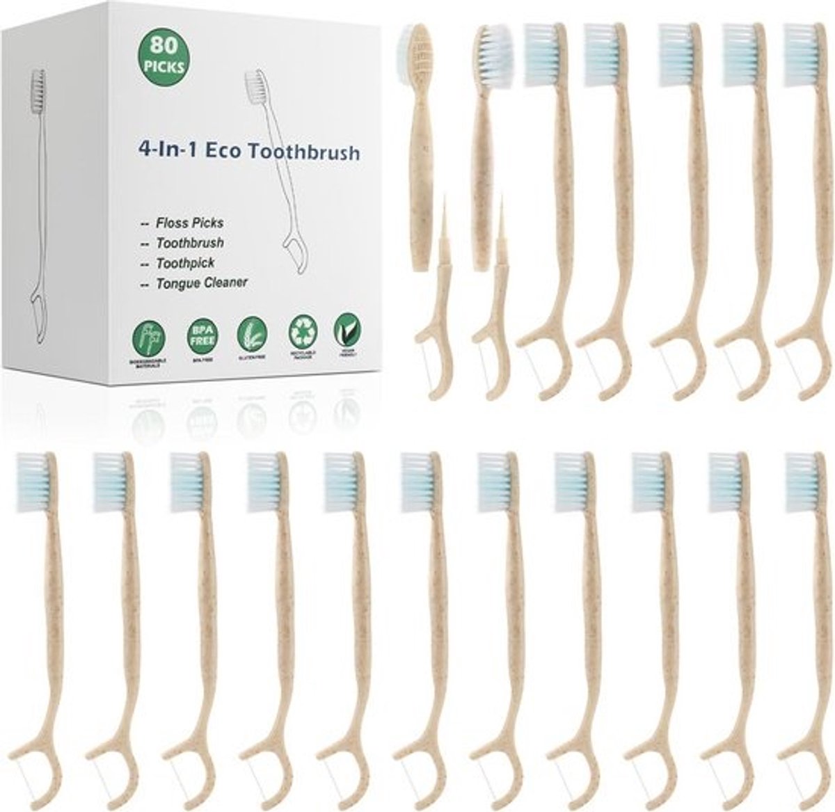 Biologisch afbreekbare 4-in-1 Reistandenborstel met Tandzijde en Tongschraper