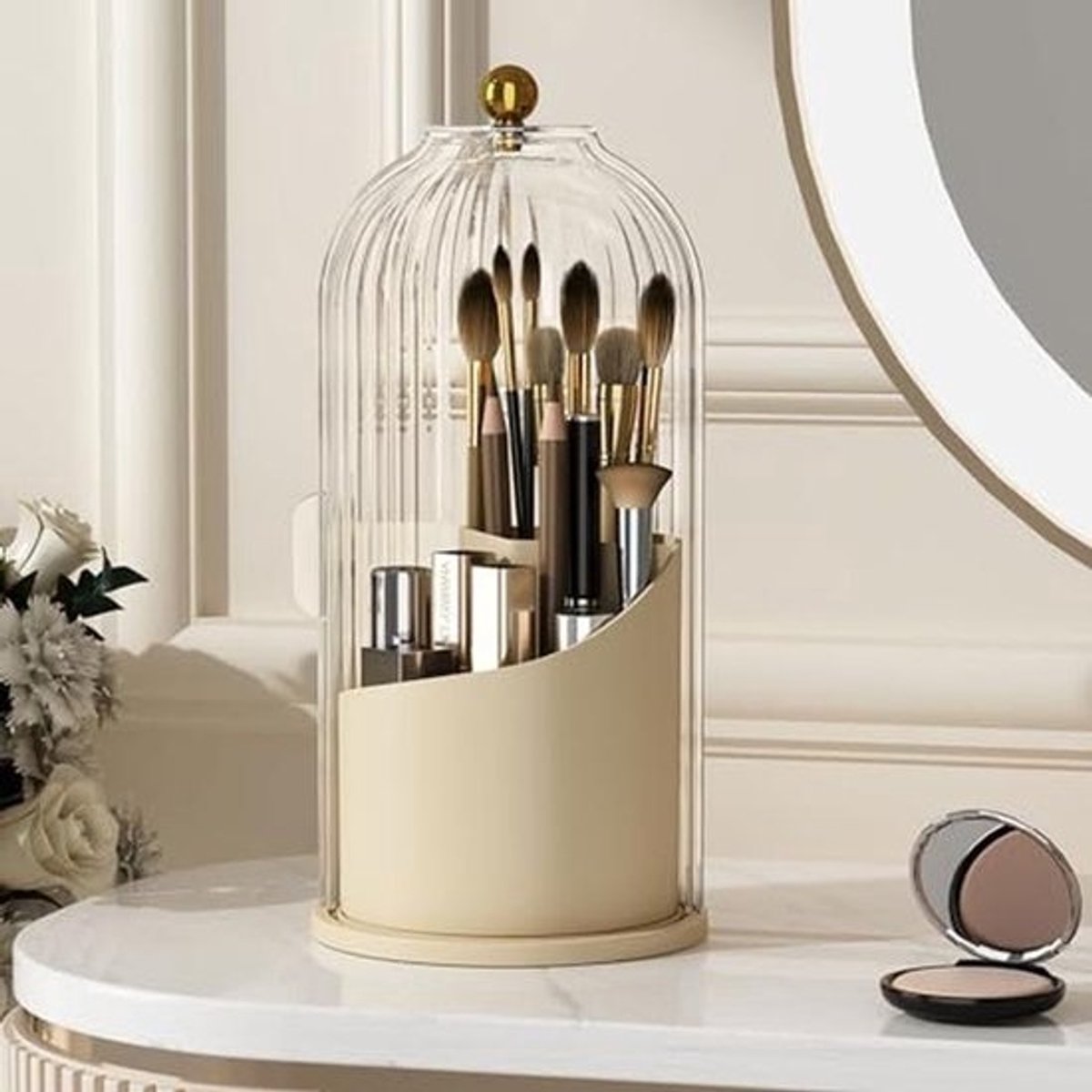 Make-up borstelhouder organizer met deksel - 360° roterend, stofdicht ontwerp voor badkamer en dressoir