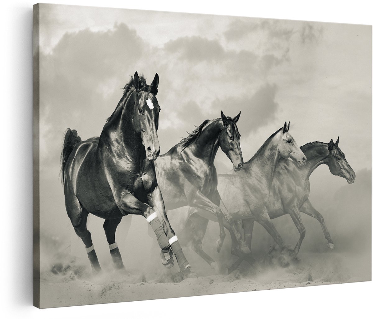 Artaza Canvas Schilderij Vier Paarden Naast Elkaar - Zwart Wit - 180x120 cm - Groot - Foto Op Canvas - Wanddecoratie Woonkamer