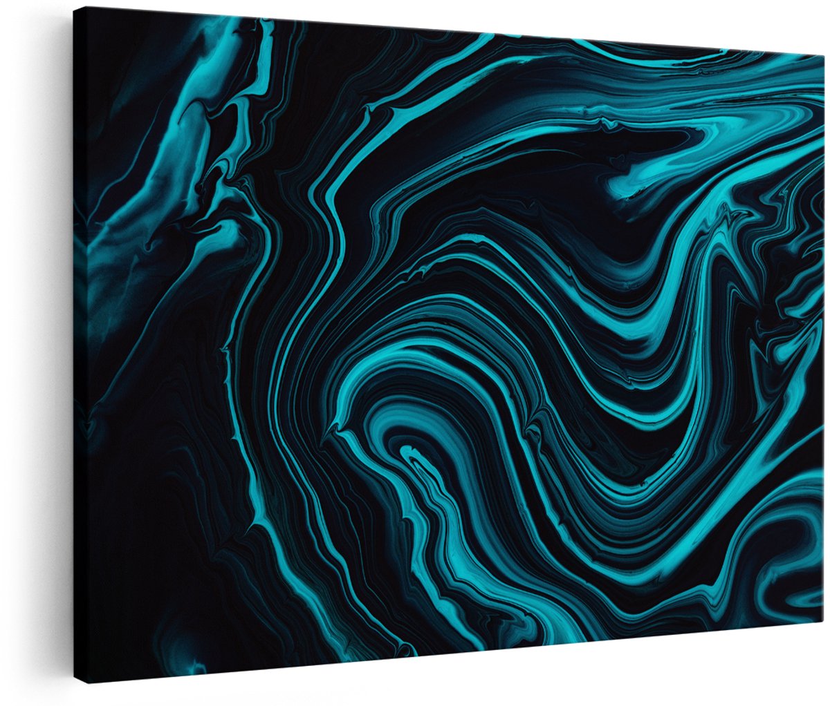 Artaza Canvas Schilderij Abstracte Kunst - Aqua Blauw met Zwart - 180x120 cm - Groot - Wanddecoratie Woonkamer - Schilderijen - Muurdecoratie