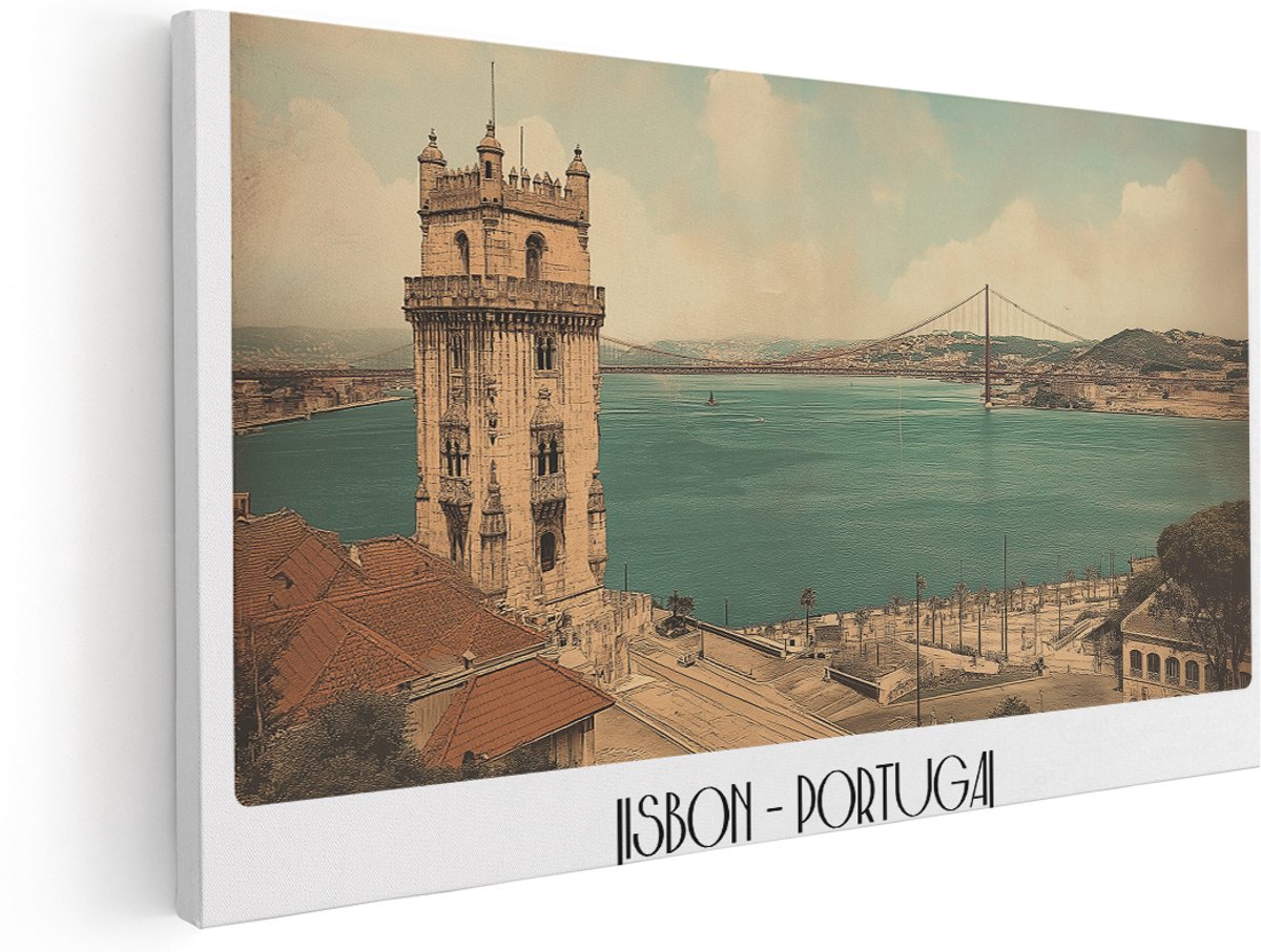 Artaza Canvas Schilderij Torre De Belém - 180x90 cm - Groot - Wanddecoratie Lissabon - Muurdecoratie Retro Stad - Decoratie Ponte 25 De Abril - Kamer Accessoires