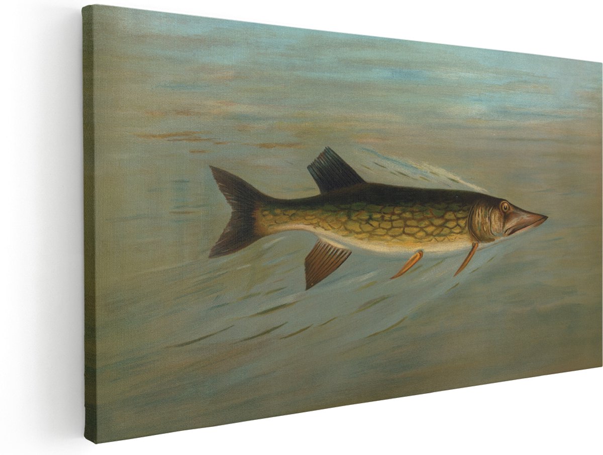 Artaza Canvas Schilderij Vis - 180x90 cm - Groot - Wanddecoratie Snoek - Muurdecoratie Natuur - Vintage Schilderijen - Kamer Accessoires