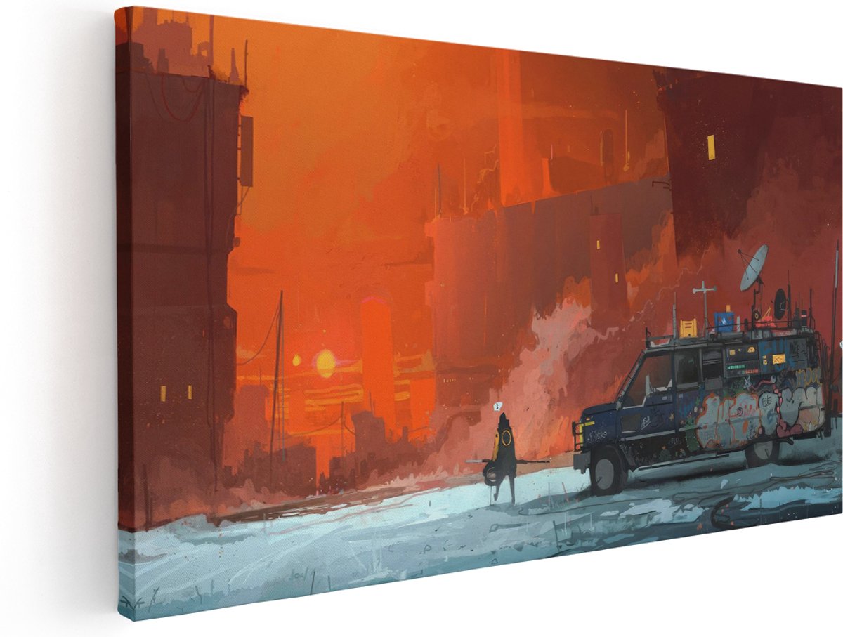 Artaza Canvas Schilderij Futuristische Stad - 180x90 cm - Groot - Wanddecoratie Zonsondergang - Muurdecoratie Industrieel - Schilderijen Op Canvas Landschap - Oranje