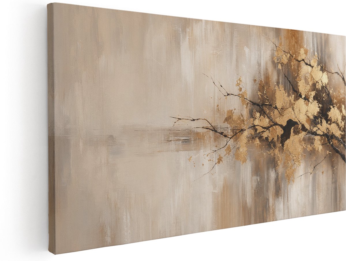 Artaza Canvas Schilderij Abstracte Beweging In Beige En Bruin - 180x90 cm - Groot - Wanddecoratie Woonkamer - Schilderijen - Muurdecoratie