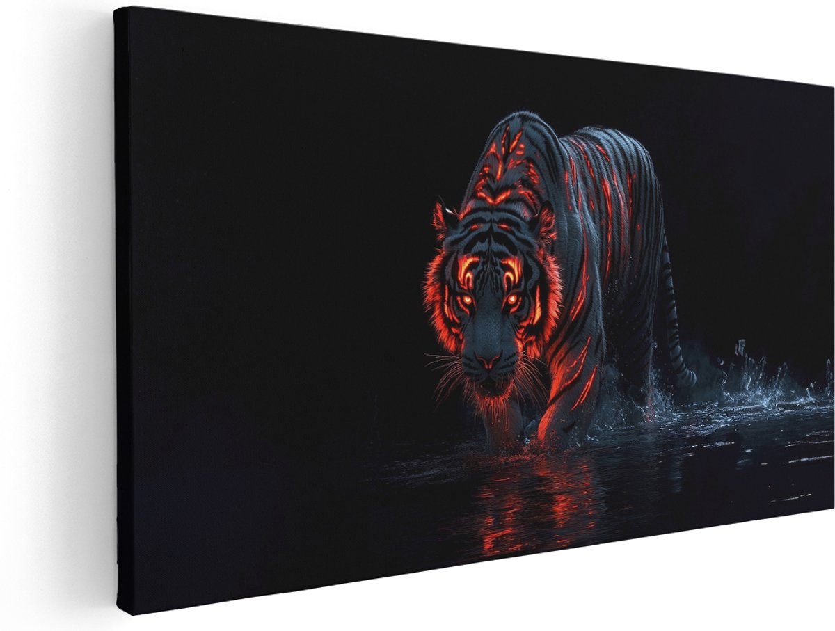 Artaza Canvas Schilderij Vlammende Tijger - 180x90 cm - Groot - Wanddecoratie Dieren - Muurdecoratie 3D - Schilderijen Op Canvas - Rood