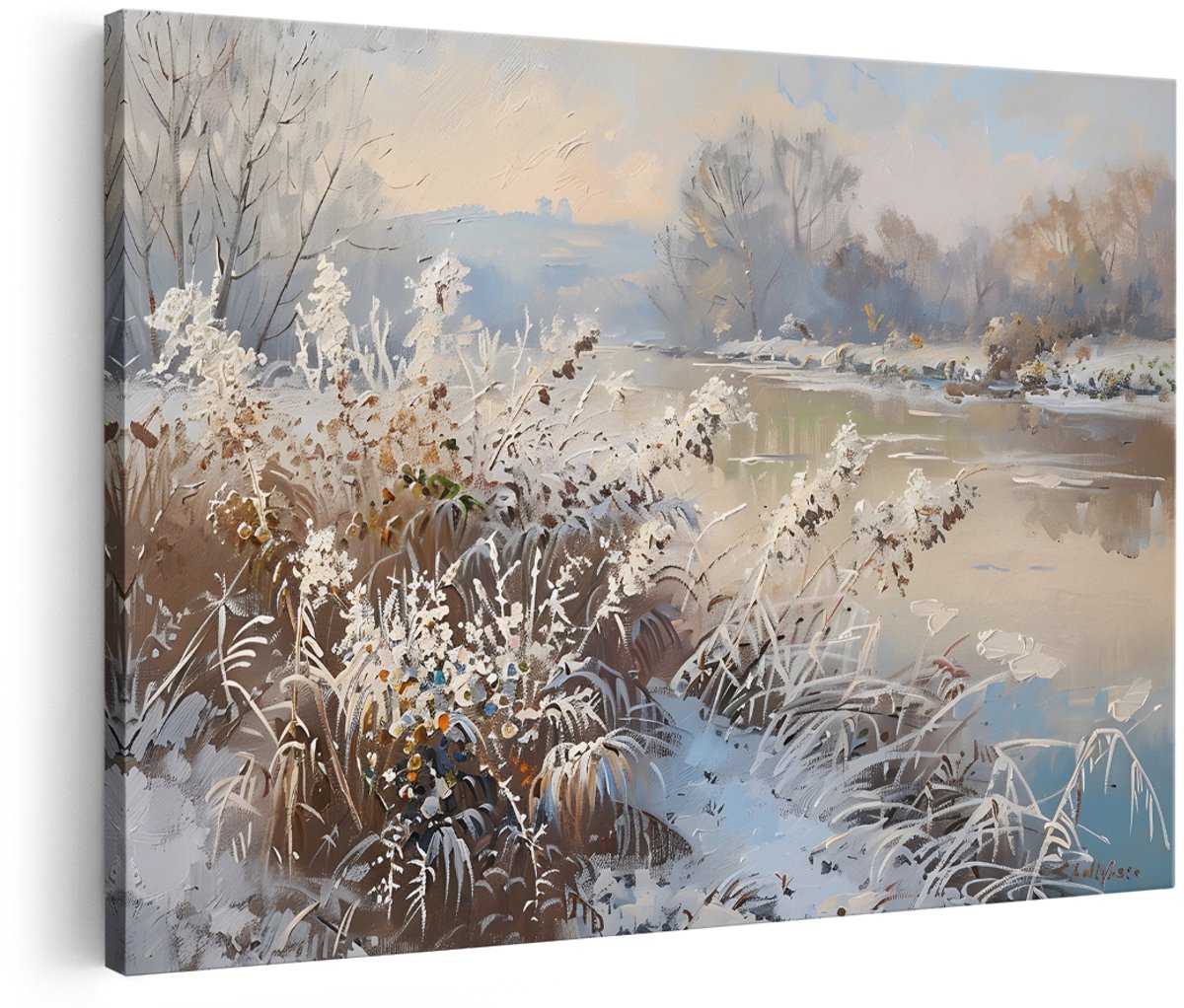 Artaza Canvas Schilderij Winterlandschap - 180x120 cm - Groot - Wanddecoratie Natuur - Muurdecoratie Bevroren Rivier - Schilderijen Op Canvas Woonkamer