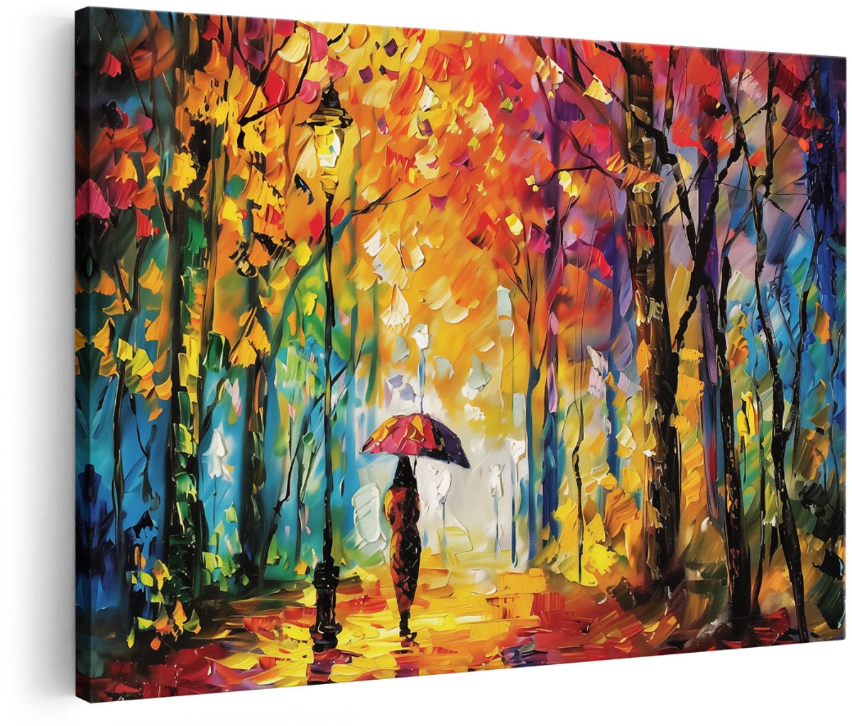 Artaza Canvas Schilderij Vrouw met een Paraplu in het Bos - 180x120 cm - Groot - Wanddecoratie Woonkamer - Schilderijen - Muurdecoratie