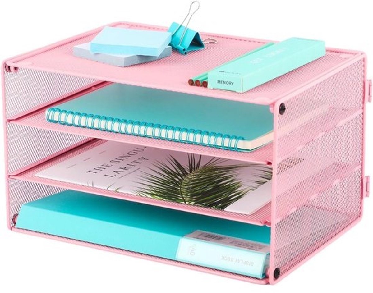 3-Laags Net Bureaublad Organizer - Papiersorteerder voor Documenten en Brieven - Roze