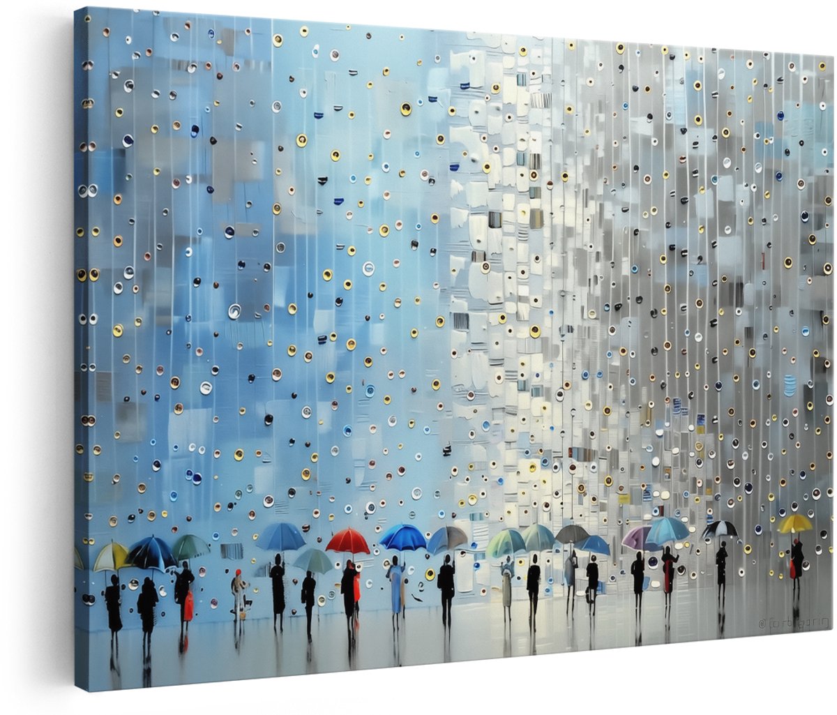 Artaza Canvas Schilderij Mensen met Paraplu’s in de Regen - 180x120 cm - Groot - Wanddecoratie Woonkamer - Schilderijen - Muurdecoratie