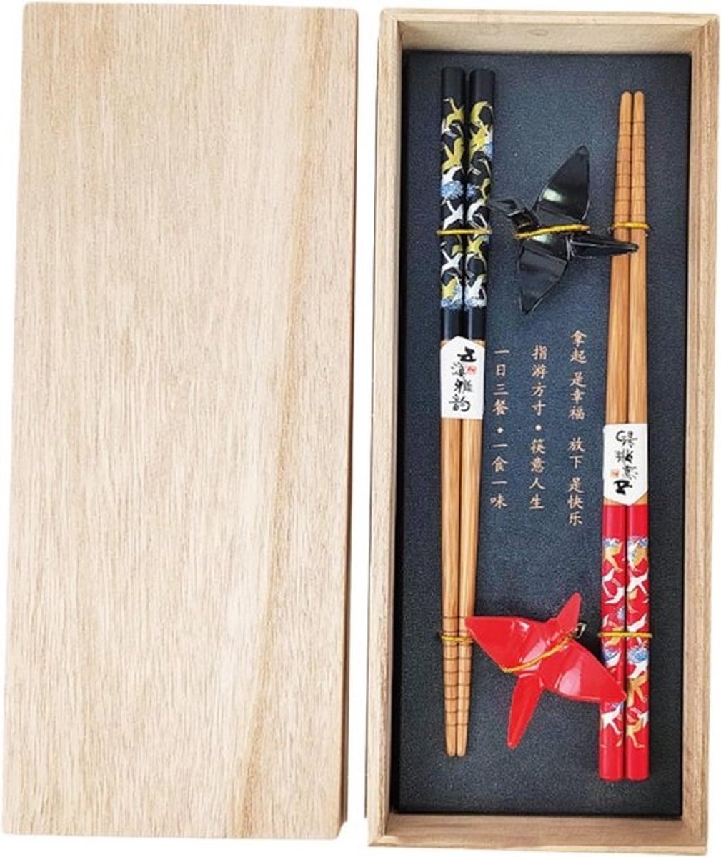 Set van 4 houten sushistokjes met keramische houders – handbeschilderd met kraanvogels, ideaal voor Japanse en Aziatische gerechten