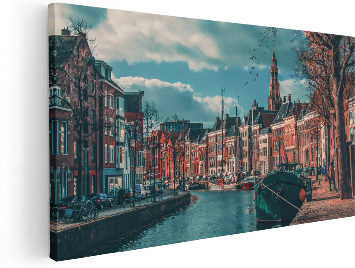 Artaza Canvas Schilderij Gracht in Groningen - 180x90 cm - Groot - Wanddecoratie Woonkamer - Schilderijen - Muurdecoratie