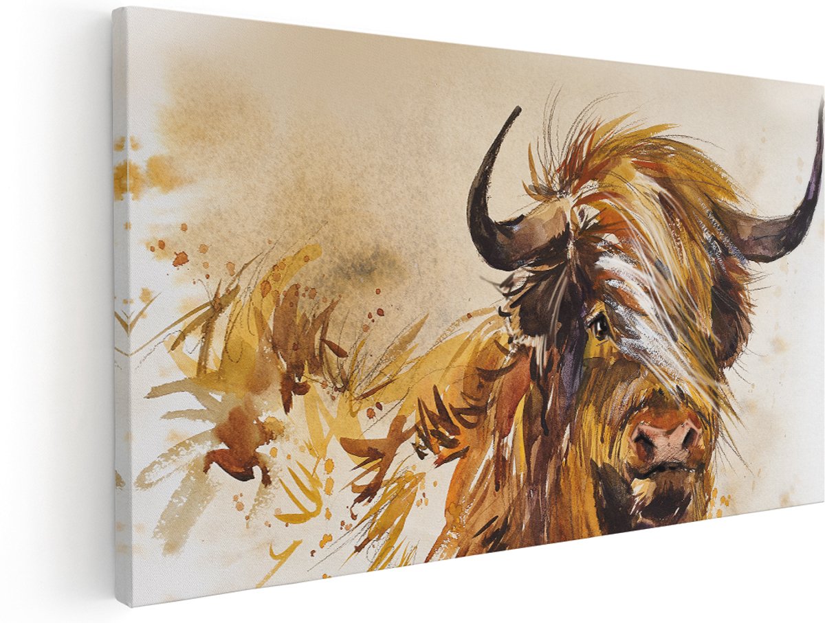 Artaza Canvas Schilderij Schotse Hooglander Koe - Abstract - 180x90 cm - Groot - Wanddecoratie Woonkamer - Schilderijen - Muurdecoratie
