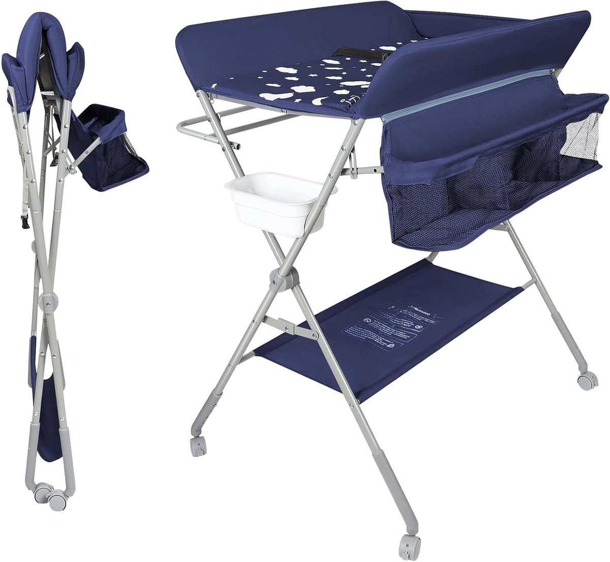Baby Verschoontafel - Commode met Wielen - Baby Verzorgen - Verstelbare Hoogte - 80x58x90 cm - Marineblauw