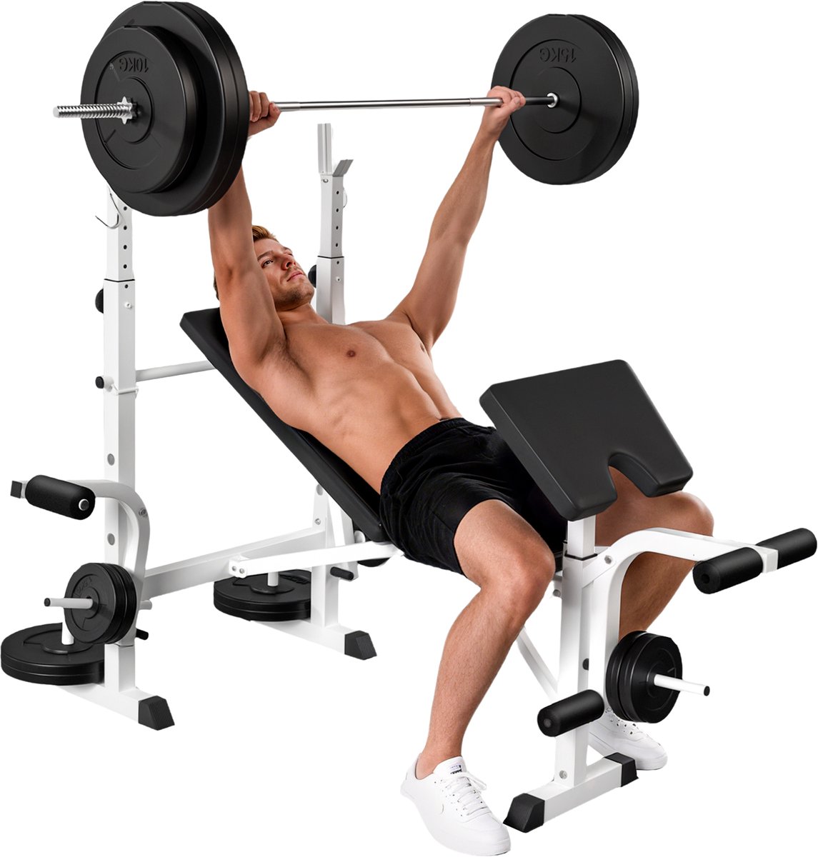 Gewichtbank met halterrek - borstpress - legpress - armleuningen voor biceps curls - staal - zwart+wit