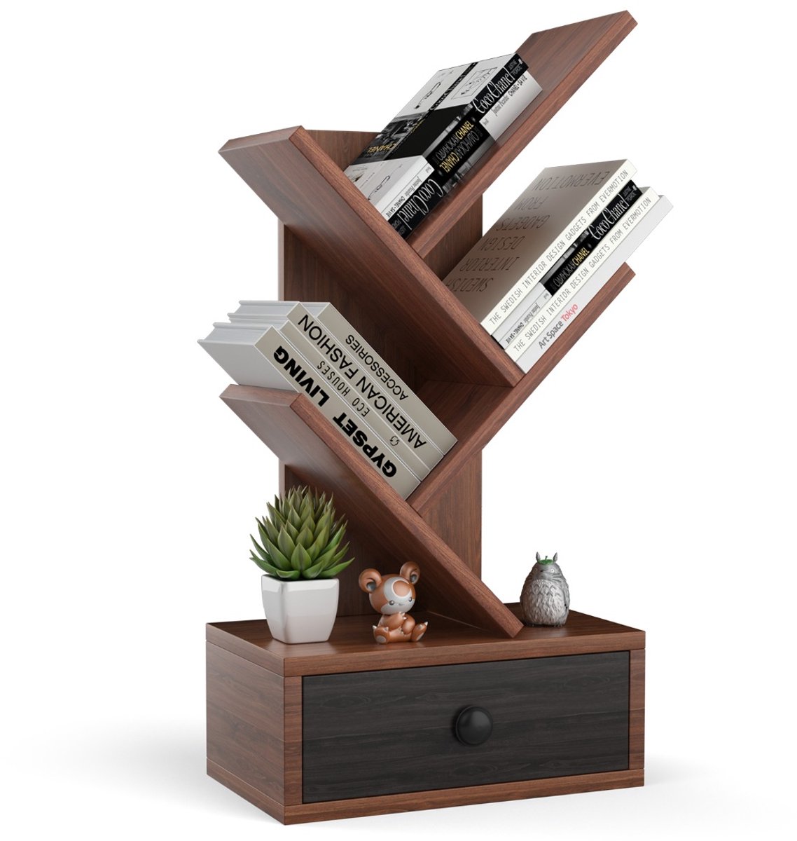 SureDeal® - Opbergrekk - Vaks Boekenkast Boomvorm - Lade Mini Opbergplanken - Tijdschriften - Boeken Bruin - 30x17,5x60 cm - Koffiebruin