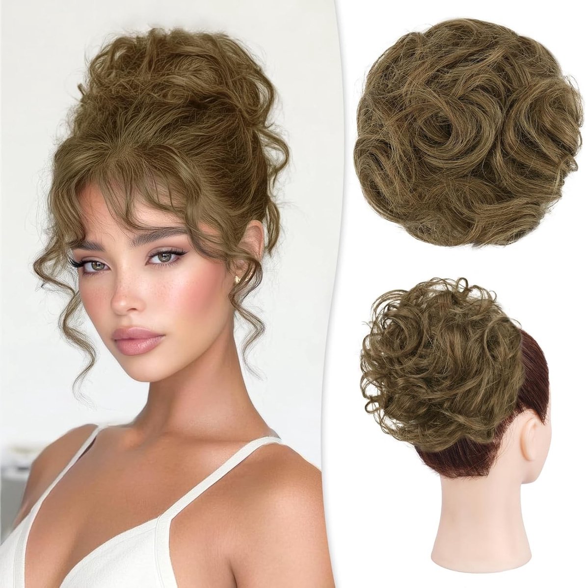 Natuurlijke Haarbun voor Vrouwen - Krullend en Golvend Haaraccessoire, Elastische Updo Haarstuk van 32g in Lichtbruin