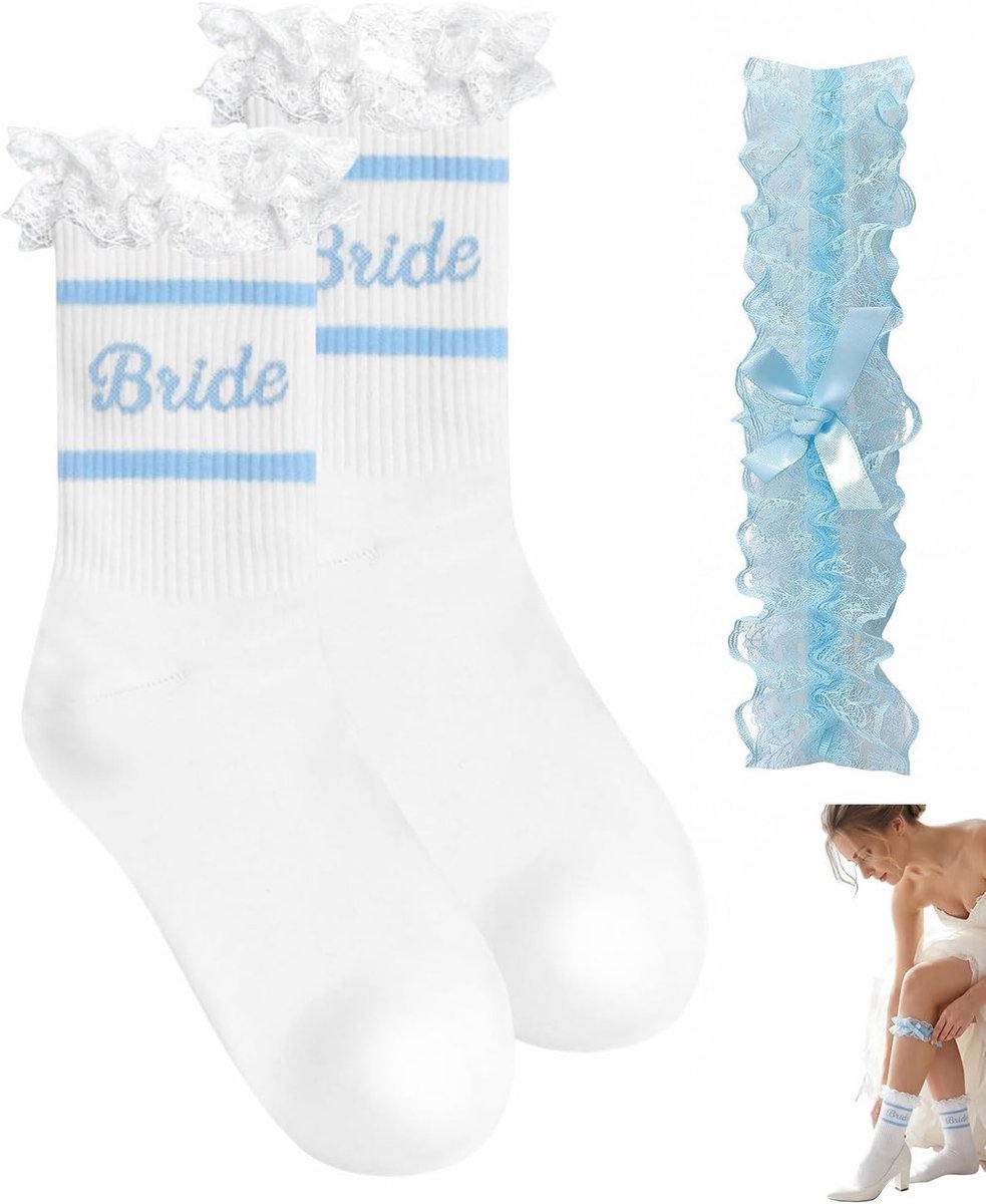 Elegante kousenband voor bruiloft, 2 stuks in blauw en wit, verstelbaar en antislip, ideaal voor de bruid met delicate kant en comfortabele pasvorm