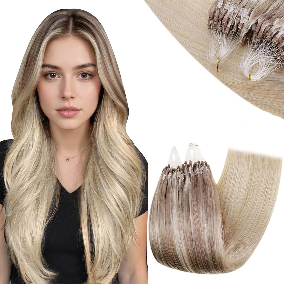 Micro Loop Hair Extensions van Menselijk Haar in Balayage Ash Blonde naar Platinum Blonde - 20 Inch, 50g, Echte Haarverlengingen met Micro Ringen en Kralen