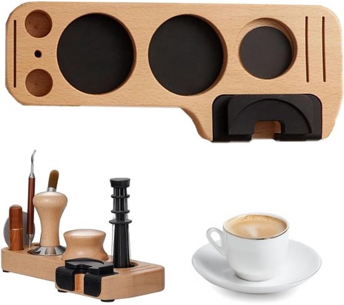 Tamperstation Koffie - Barista Station Koffiezet - Espresso Bereiden - Veelzijdige Compatibiliteit - 51/53/58mm - Beuken