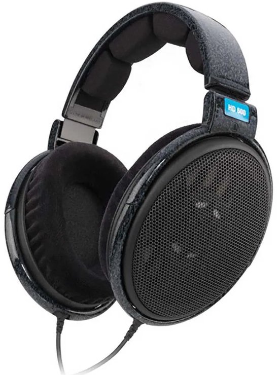 Zwarte Sennheiser HD 600 over-ear koptelefoon met een gedetailleerde, gespikkelde afwerking op de hoofdband en oorschelpen.