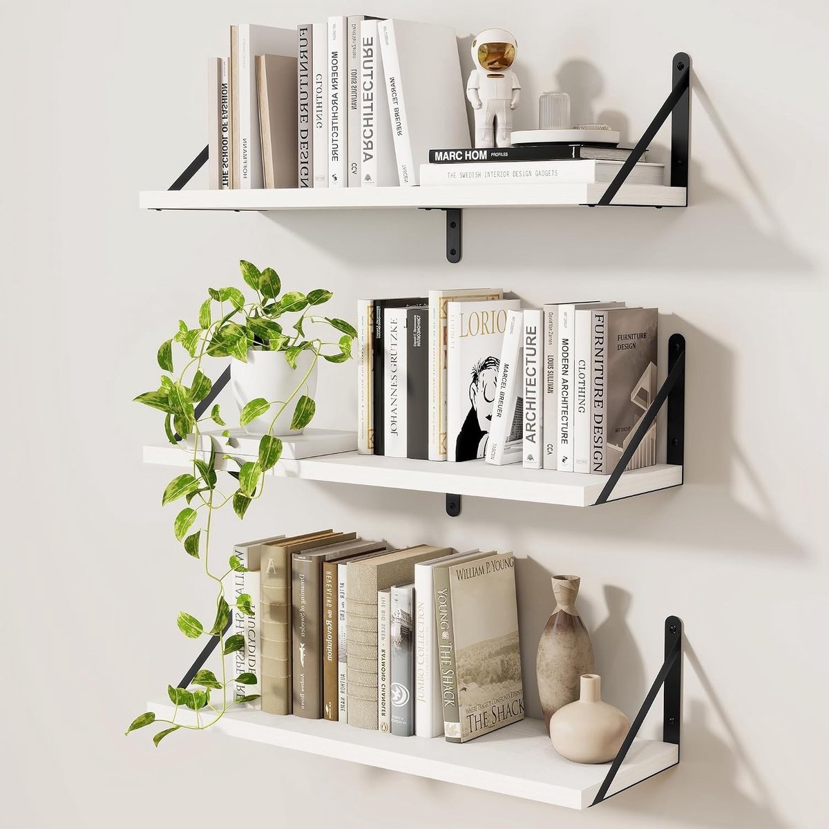 Set van 3 Wandplanken van Hout, 60 cm Wandboekenkast, Witte Wandplank voor Woonkamer, Slaapkamer en Studie met Ruimtebesparend Ontwerp