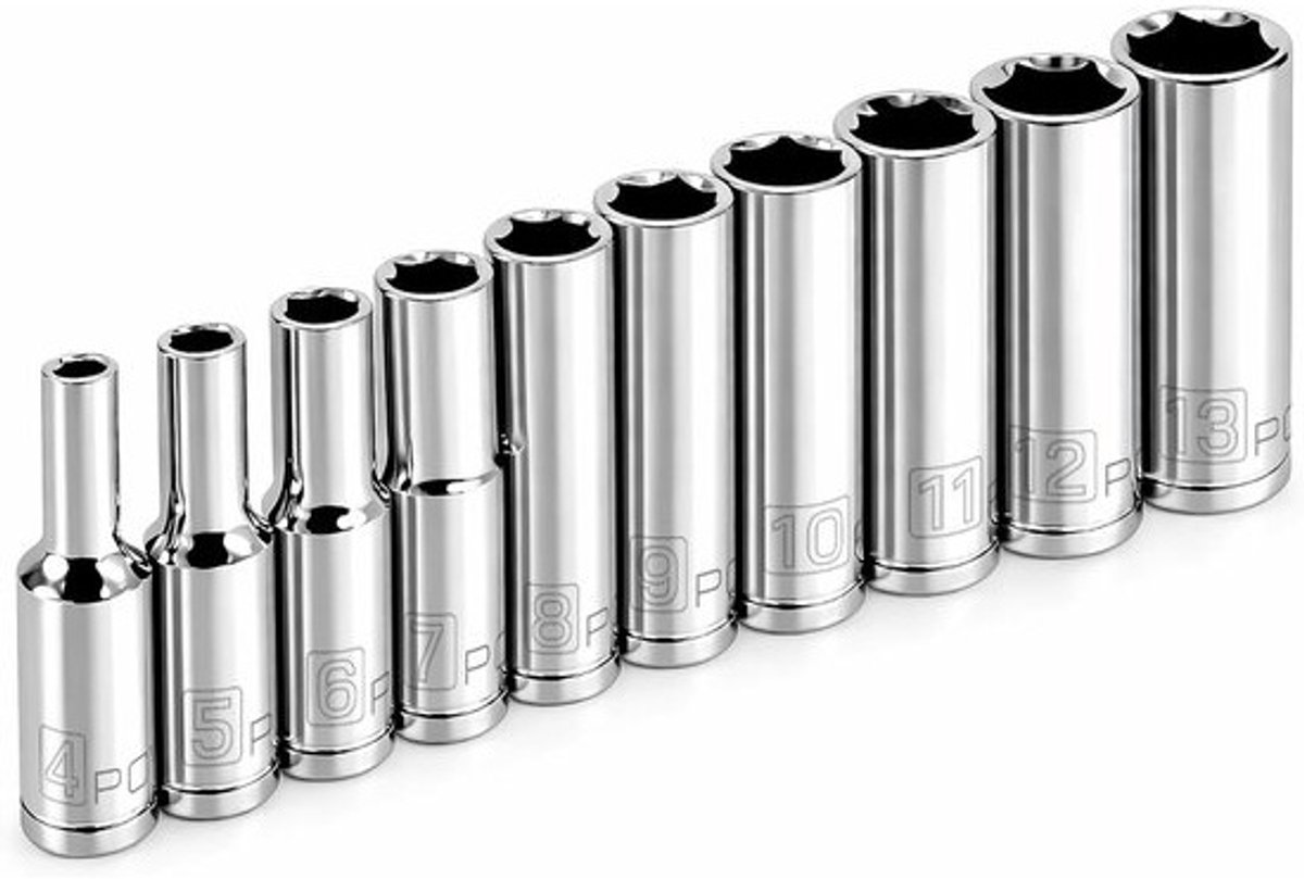 Dopsleutelset Metrisch - Diepe Sockets - Auto Reparatie - 10 Delig - 1/4 Inch - Zilver