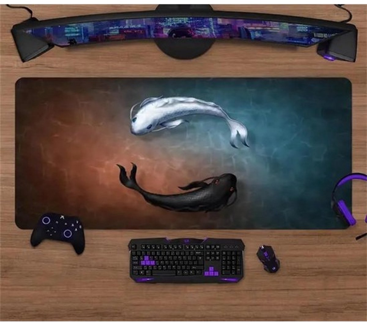 Gaming Muismat - Bureau Onderlegger - Nauwkeurig Gamen - Gestikte Randen - 100x50x02 cm - Zwart Wit Koi