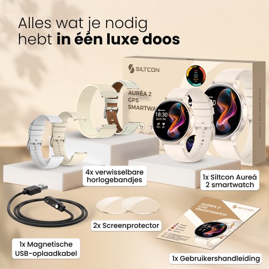 Inhoud van de Siltcon Auréa 2 smartwatch doos: horloge, 4 bandjes, 2 screenprotectors, oplaadkabel en handleiding.