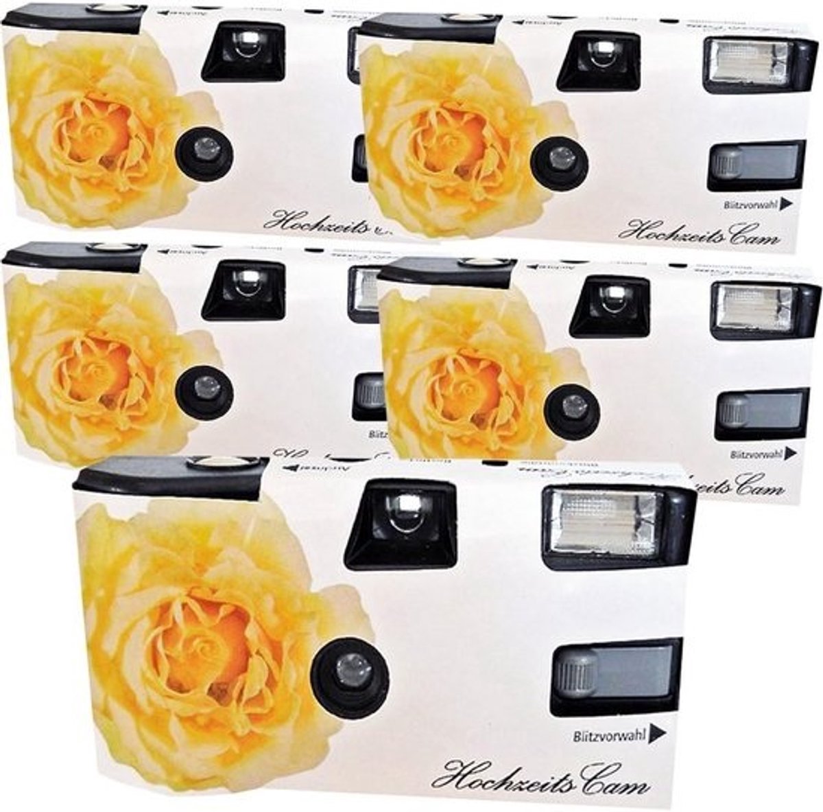 SnelShoppen - 5X 1A PHOTO PORST Wegwerpcamera met flits, batterijen en film, 27 opnames per camera, gele trouwroos, ideaal voor feesten, bruiloften en