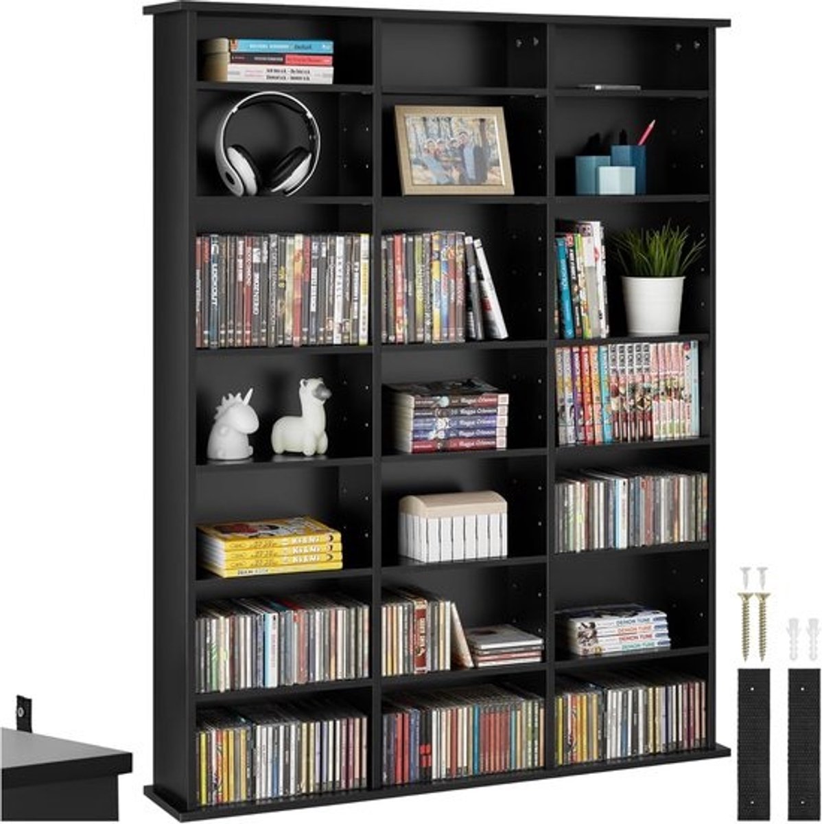 Mediakast Hout - Opbergkast Muziek - Cd Dvd Opslag - 18 Verstelbare Planken - 105x19x136 cm - Zwart