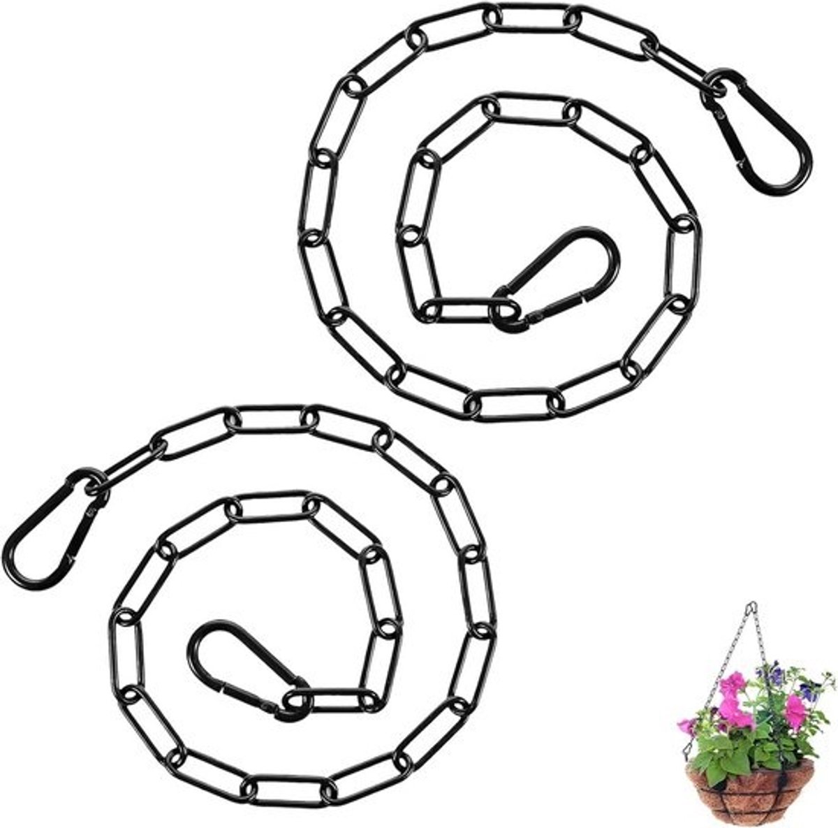 Set van 2 RVS Kettingen met Karabijnhaak, Zwart, Totaal 120 cm
