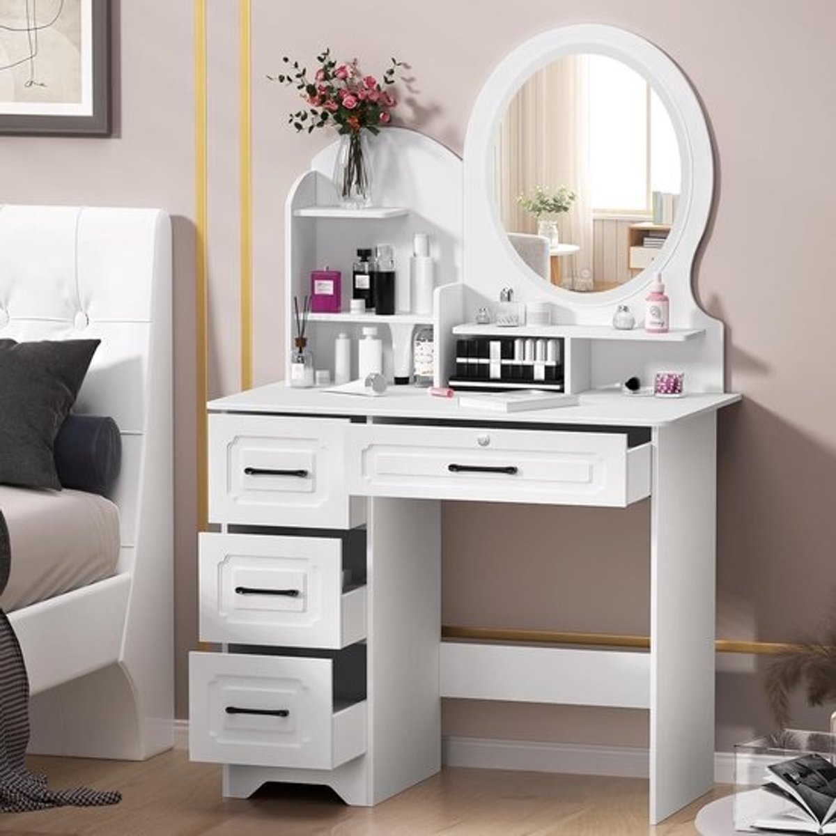 Kaptafel met spiegel - Make-up bureau - Schoonheid opbergen - Verstelbaar LED licht - 80 cm breed - Wit