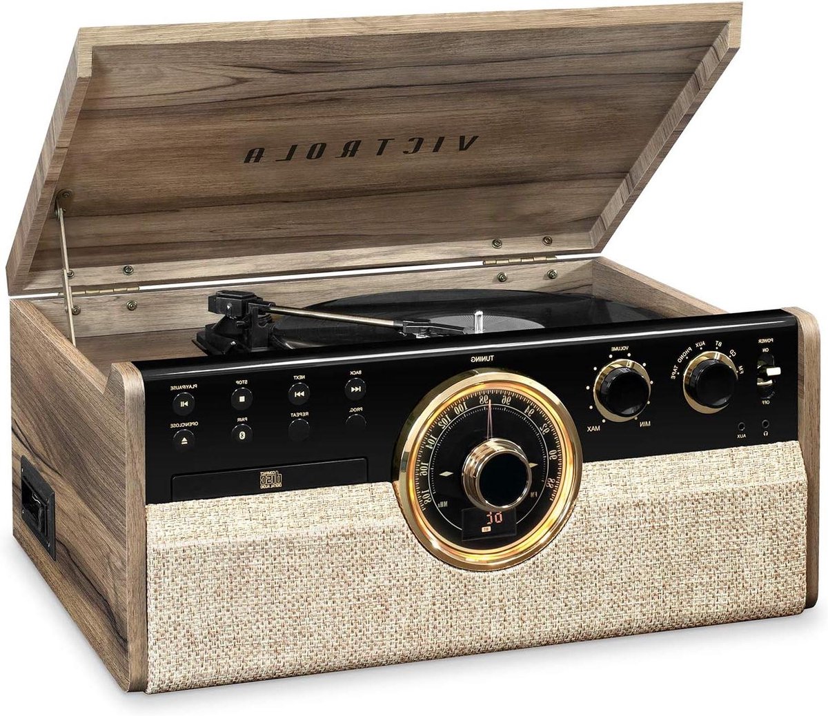 Muziekcentrum - Platenspeler Radio - Muziek Luisteren - 6-in-1 Functies - 18.9 x 15 x 8.7 inch - Walnoot
