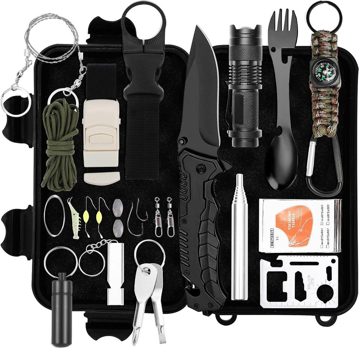 Noodgevallen Toolkit - Survival Set - Outdoor Avontuur - 25 Handige Onderdelen - Compact Formaat - Zwart