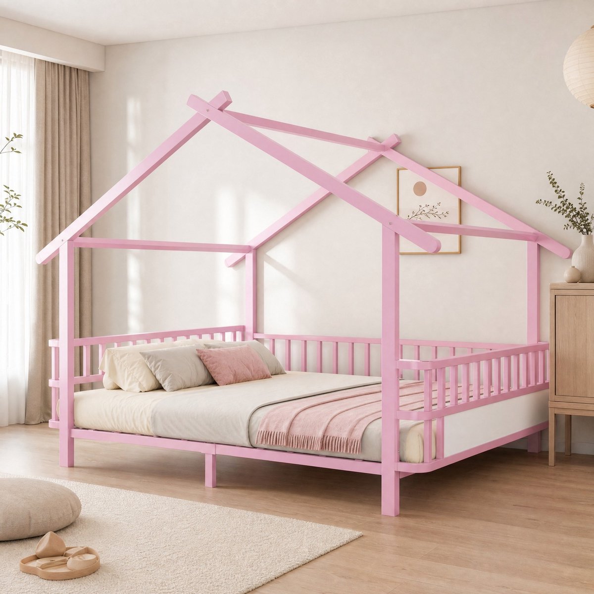 Kinderbed Huisvorm 140 x 200 cm Metaal Roze Met Veiligheidsreling Voor Kinderkamer En Jeugdkamer Lattenbodem