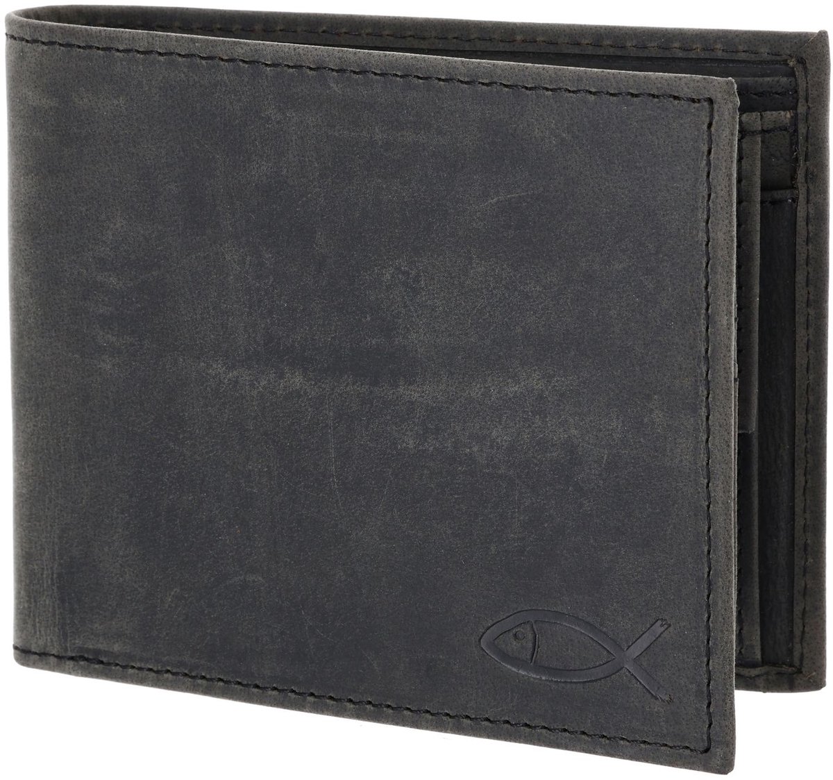 oxmox Leren portemonnee Leather RFID Protect Querscheinbörse Freedom Fish Embossed Vintage Black zwart