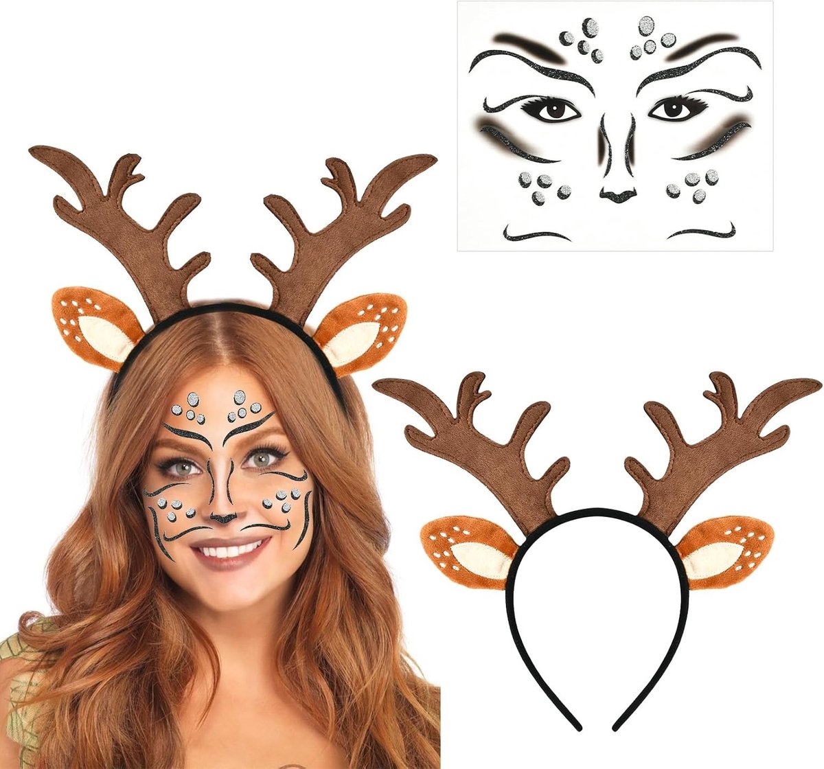 Set van 2 Herten Hoofdbanden met Gewei voor Kerst, Carnaval en Cosplay met Gezichtstatoeage