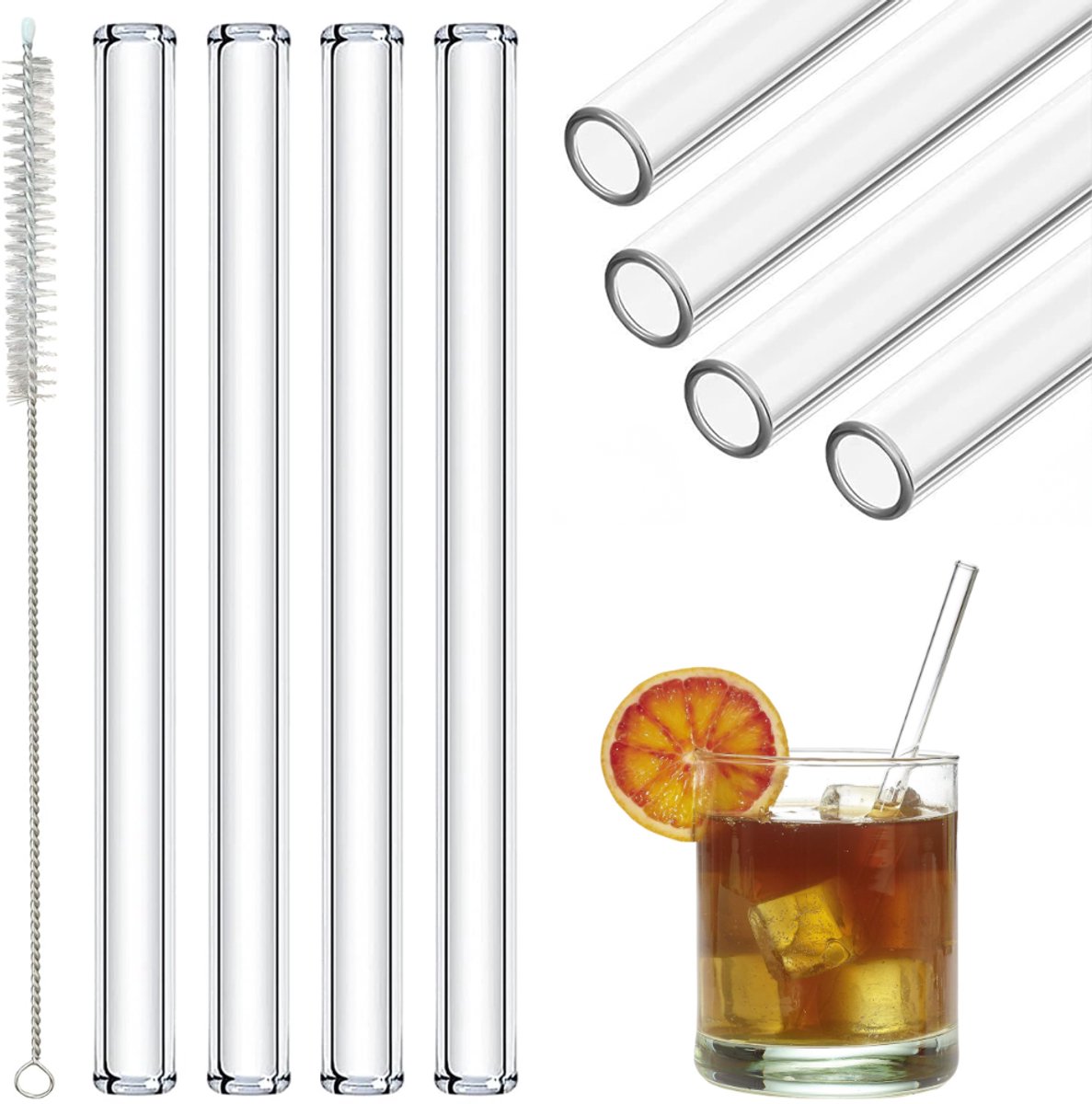 4x Glazen Drinkrietjes 15 cm Ø 8 mm – Herbruikbare Glazen Rietjes met Reinigingsborstel – Duurzaam - Rechte Rietjes Herbruikbaar Glas Metaal – Hittebestendig