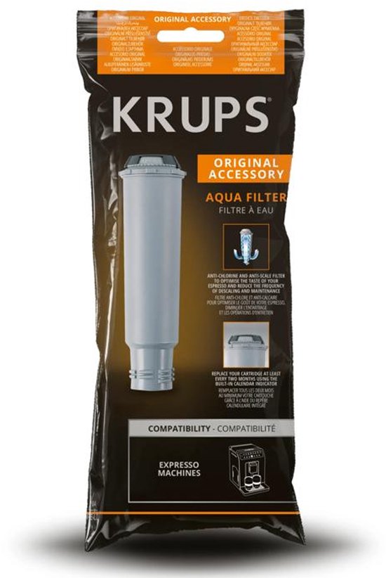 Krups Aqua Filter F088, originele accessoire voor espressomachines. Grijs filter in verpakking.