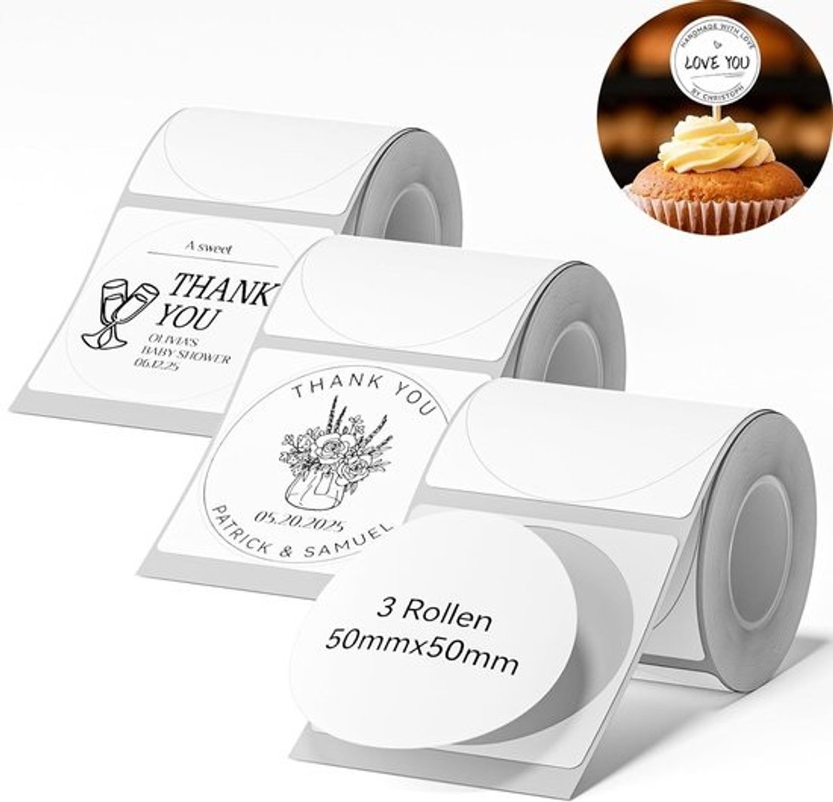 Ronde etiketten - Label stickers - Organiseren thuis - Directe thermische print - 3 rollen 50mm - Wit
