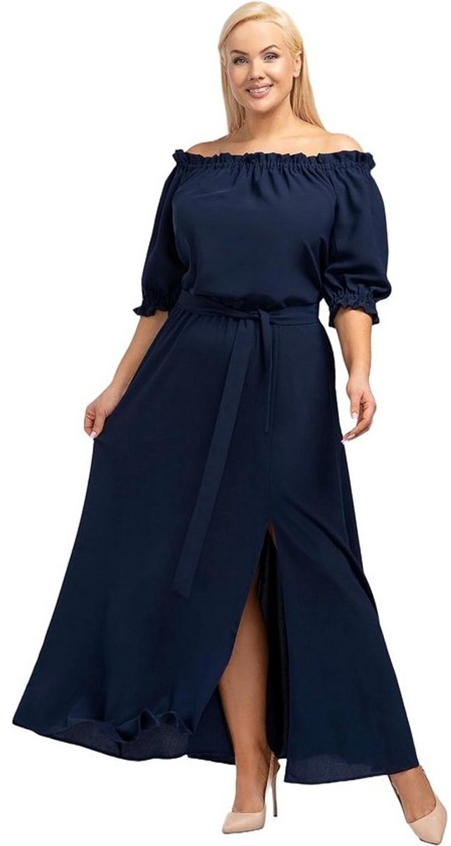 Lange jurk met Carmen halslijn en elastische band - Oversized pasvorm met ruches en 3/4 mouwen